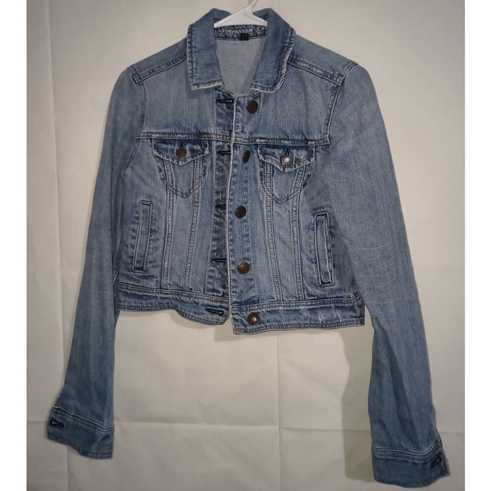 American Eagle Women's Small Blue Stretch Denim Jean Jacket Cropped Trucker Y2K
